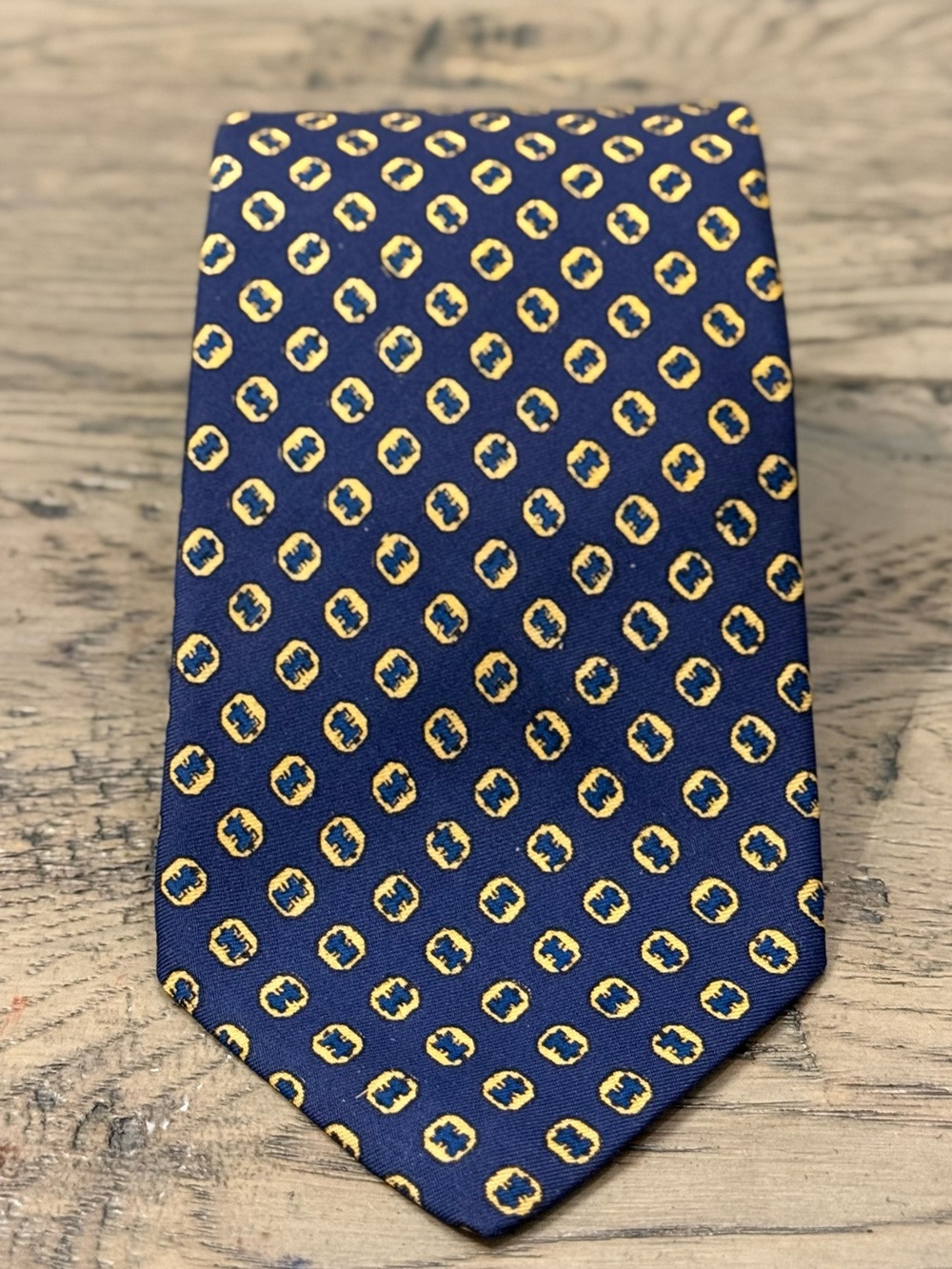 Brooks Brothers Navy Tie with Gold Medallion Motif